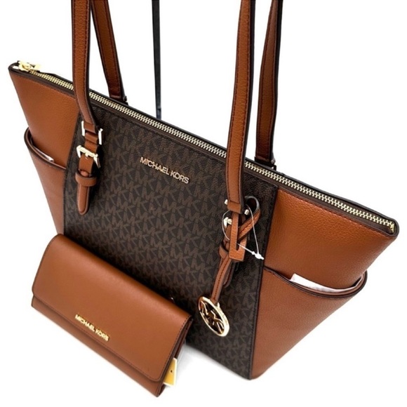 Michael Kors Large Charlotte Tote Bag & Matching Trifold Wallet Brown - Picture 11 of 14
